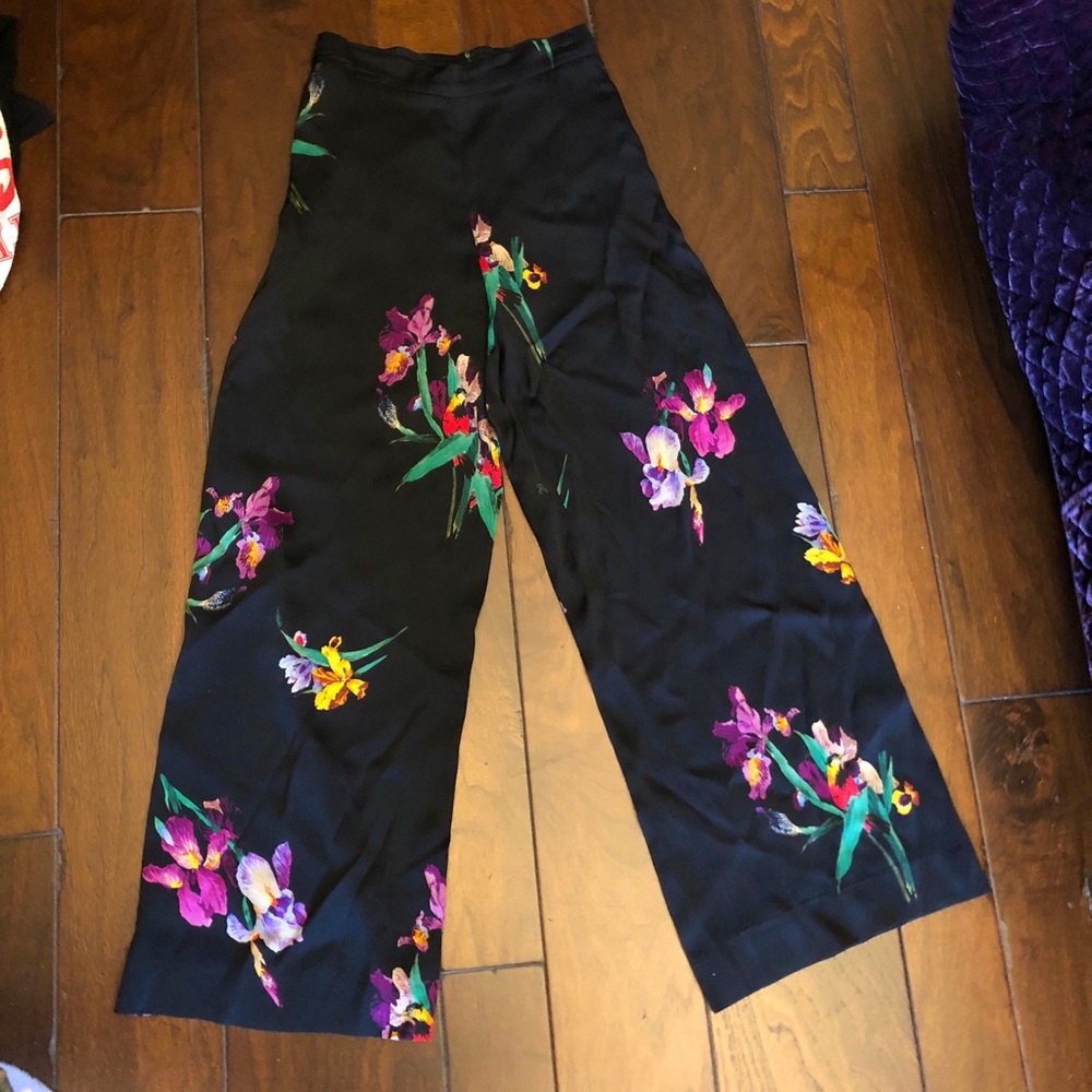 Etro Black Floral Wide Leg Silk Pants w/ Waistband